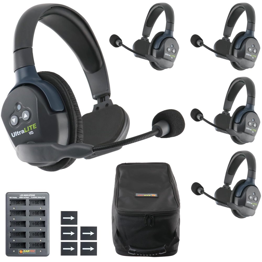 Eartec UL5S Ultralite-HD 5-Person Full Duplex Wireless Intercom Headset Communication System, Single Ear Headsets, Up to 1000ft Range, U.S. Company