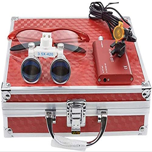 Global Dental 3.5X 420mm Binocular Loupes Optical Glasses + 3W LED Headlight Lamp with Filter Red