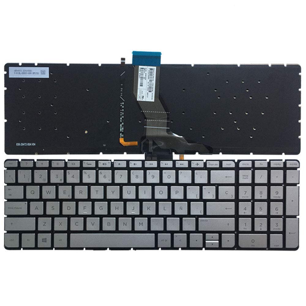 Laptop Replacement Keyboard Fit HP Pavilion 15-AB047NA 15-AB048NA 15-AB049NA 15-AB051NA 15-AB271NA Spanish Layout with Backlight (Sliver Key Black Word)