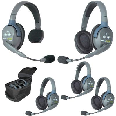 Eartec UL514 5-Person Full Duplex Wireless Intercom with 1 Single and 4 Double Ear Ultralite Headsets