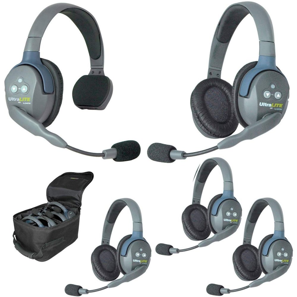Eartec UL514 5-Person Full Duplex Wireless Intercom with 1 Single and 4 Double Ear Ultralite Headsets