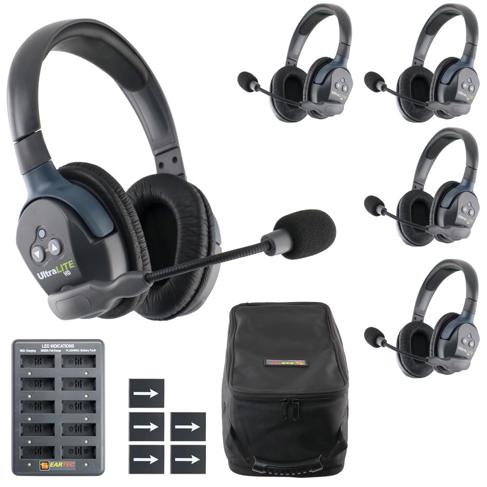 Eartec UL5D Ultralite-HD 5-Person Full Duplex Wireless Intercom Headset Communication System, Dual Ear Headsets, Up to 1000ft Range, U.S. Company