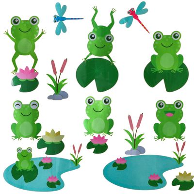Cute Frog Decals Wall Stickers Jumping Frogs with Dragonflies and Lotus - Pond Friends Frog Window Sticker Set Individual Peel and Stick Graphics (25.5 in W x 10.6 in H) Sticker Sheet Nursery Decor