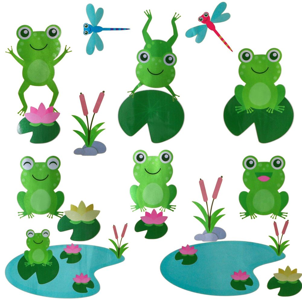 Cute Frog Decals Wall Stickers Jumping Frogs with Dragonflies and Lotus - Pond Friends Frog Window Sticker Set Individual Peel and Stick Graphics (25.5 in W x 10.6 in H) Sticker Sheet Nursery Decor