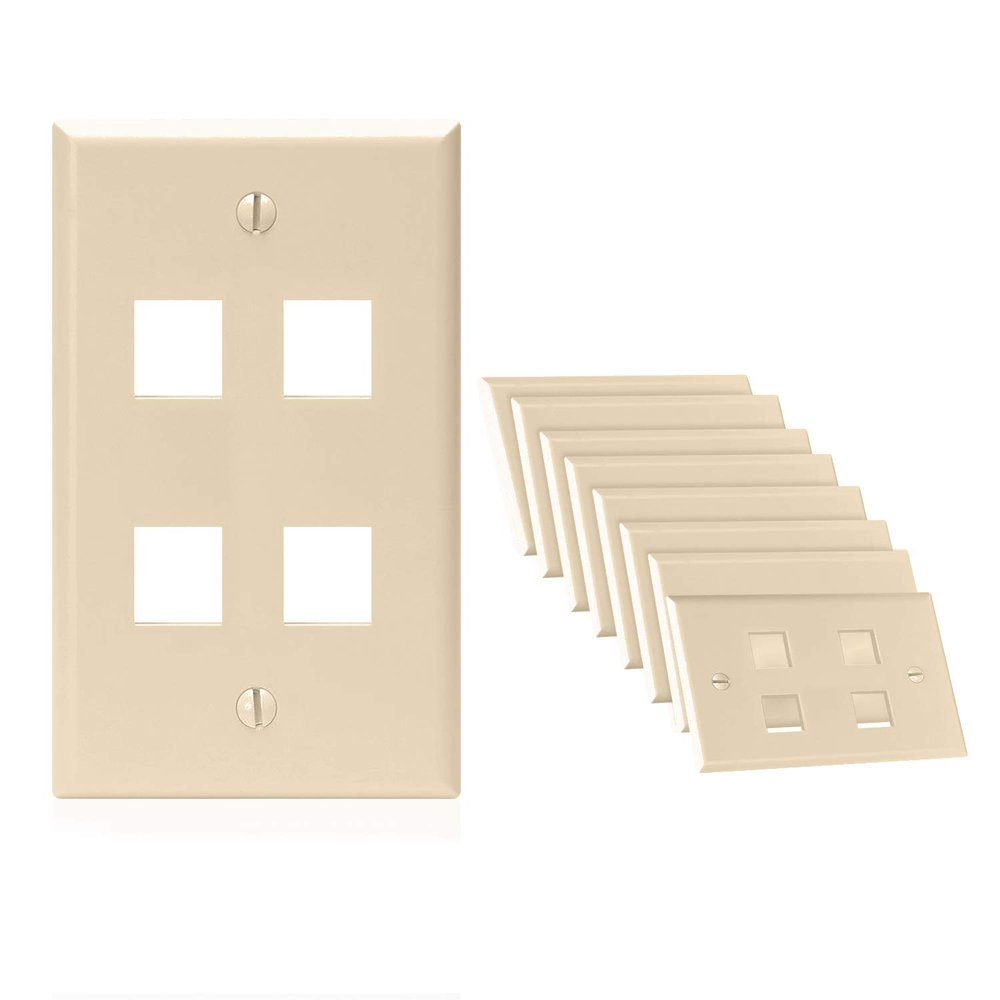 Cmple - 4 Port Keystone Wall Plate Ivory (10 Pack) with Standard Size Keystone Jack Plate Insert 1 Gang Ethernet Wall Plate for RJ45 Keystone, Modular Inserts