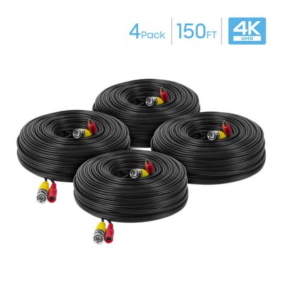 Amcrest 4-Pack 4K Security Camera Cable - 150FT BNC, All-in-One Video & Power for HDCVI, HDTVI, Analog, DVR (4PACK-SCABLE4K150B-PP)