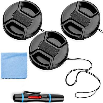 62mm Lens Cap Bundle, 3 Pack Universal Snap on Front Centre Pinch Lens Cover Set with Microfiber Lens Cleaning Cloth for Canon Nikon Sony Olympus DSLR Camera + Camera Lens Cleaning Pen