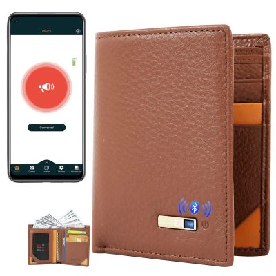 Clever Anti-Lost Wallet with Alarm, Bluetooth, Position Record (via Phone GPS) Tracker Item Finder, Bifold Cowhide Leather Locator Intelligent Trackable Minimalist Credit Card Purse (Brown, Vertical)
