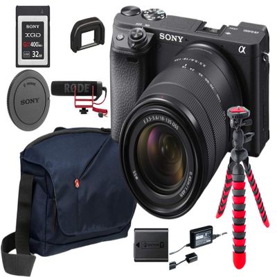 Sony Alpha a6400 Mirrorless Digital Camera with 18-135mm Lens - Bundle with Shoulder Bag, 64GB SD Card, Cleaning Kit, SD Card Case, Tripod, Corel PC Software Kit, and More (16 Items)