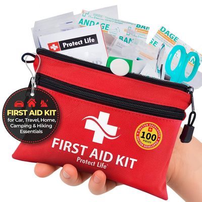 Protect Life Travel First Aid Kit for Car - Small Mini Emergency Kit, 100 Piece Waterproof First Aid Kit for Home, Camping, Boat & Hiking - Includes Emergency Blanket & First Aid Guide