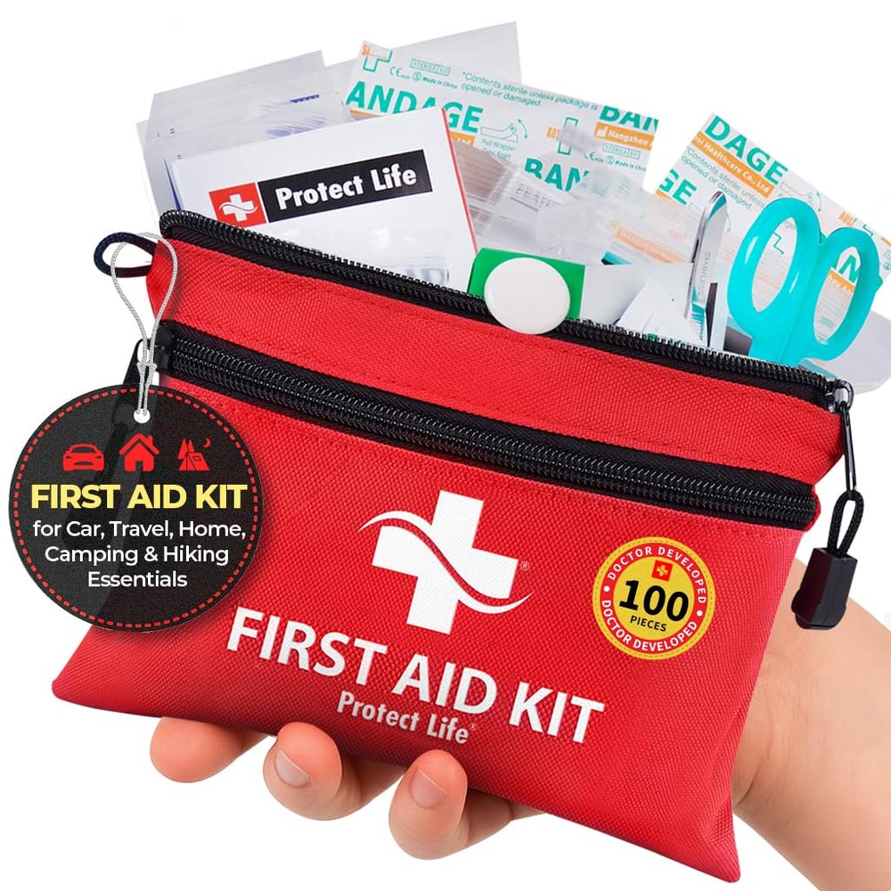 Protect Life Travel First Aid Kit for Car - Small Mini Emergency Kit, 100 Piece Waterproof First Aid Kit for Home, Camping, Boat & Hiking - Includes Emergency Blanket & First Aid Guide