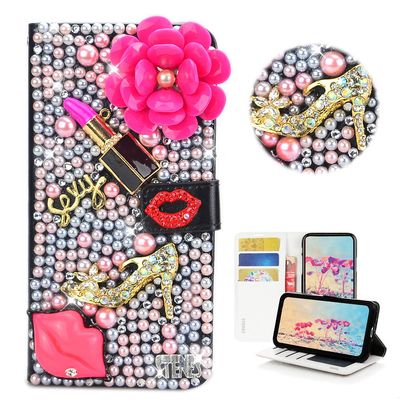 STENES Bling Wallet Case Compatible with Huawei P30 Lite - Stylish - 3D Handmade Lipstick Flowers Lips Girls High-Heel Magnetic Wallet Leather Cover Compatible with Huawei P30 Lite 6.2 Inch - Rose Red