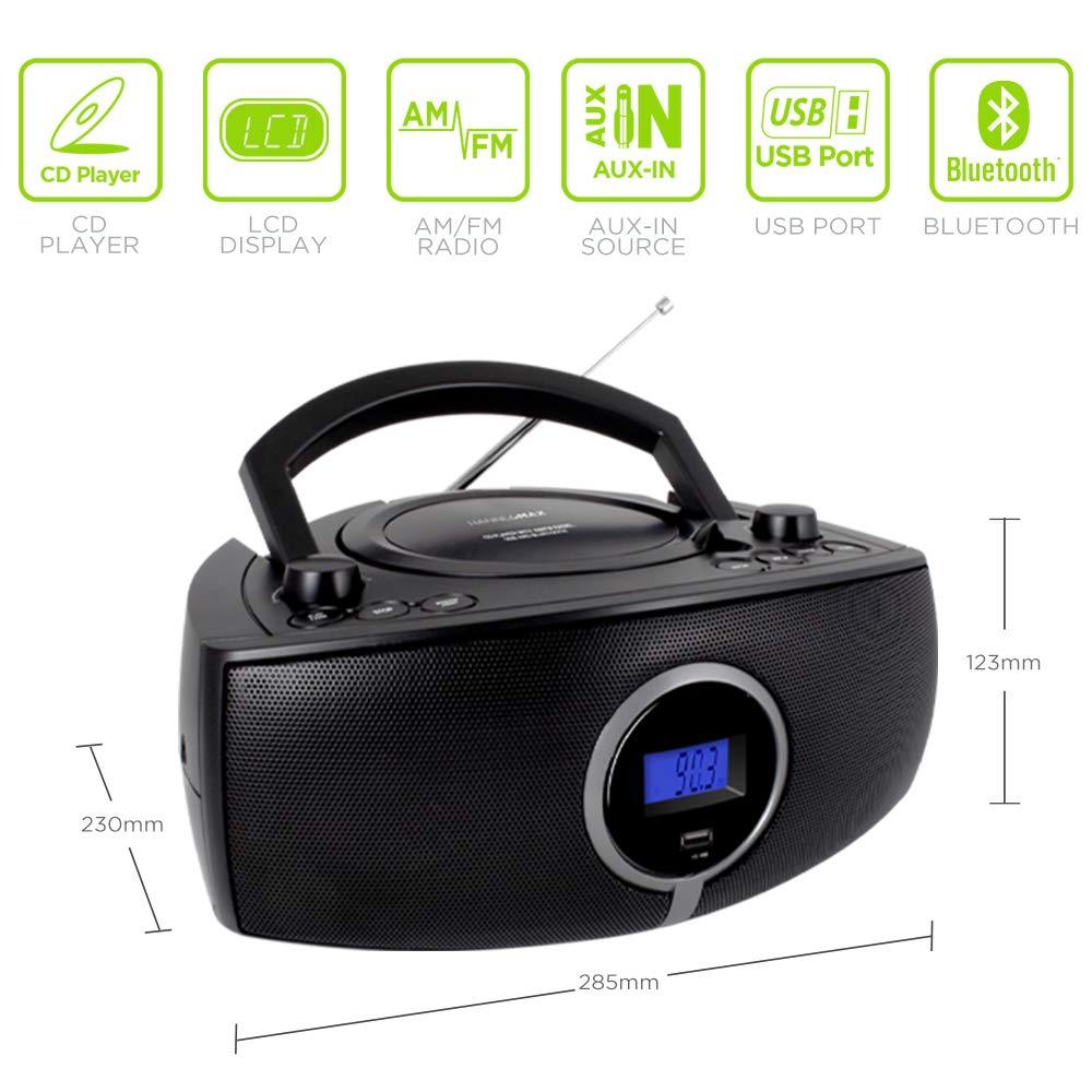 HANNLOMAX HX-316CD CD/MP3 Boombox, AM/FM Radio, Digital Radio Frequency Display, Bluetooth, USB Port for MP3 Playback, LCD Display, Aux-in, AC/DC Power Source (Black) view 4