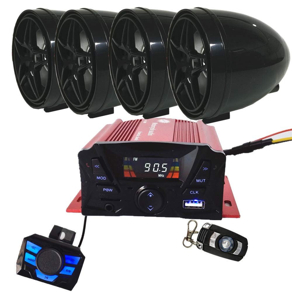12V 4 Channel UTV ATV Golf Cart Motorcycle Weatherproof Bluetooth Speakers MP3 Music Player Sound Audio Stereo Amplifier System AUX in USB SD FM Radio Motorbike Speaker