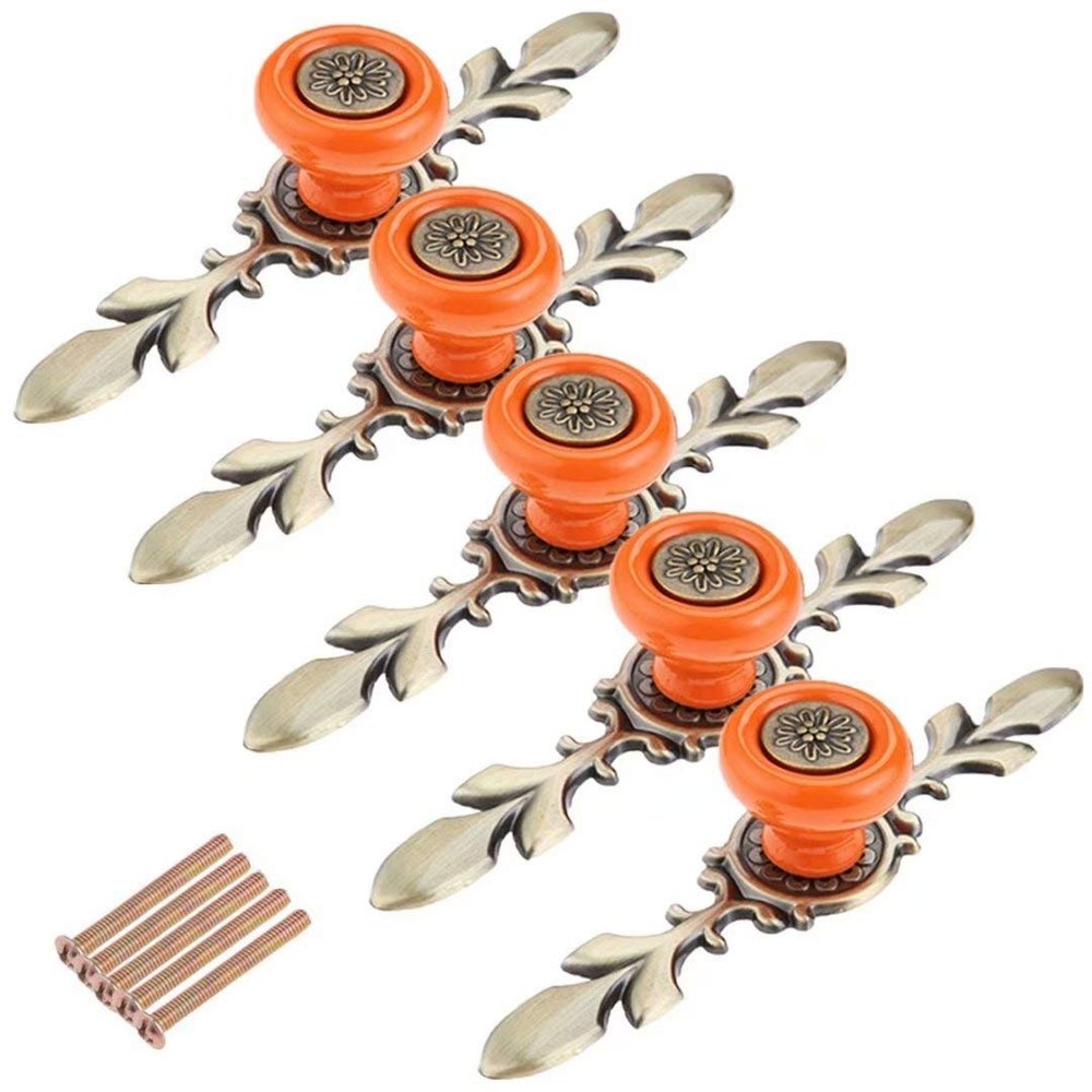 FirstDecor 5pcs Retro Cabinet Hardware Handle Pull, Orange Drawer Handle Dresser Kitchen Cupboard Furniture Hardware Door Pulls and Knobs QC-DATG02