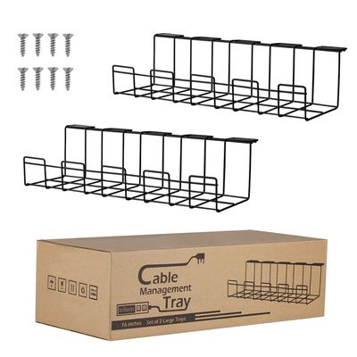 2 Packs Cable Management Tray, 16" Under Desk Organizer for Wire Organization, Metal Holder for Desktop Computer Home Office Kitchen Workstation to Cover and Hide Power Strips (Black)
