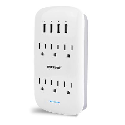 oviitech 6 Outlet Extender with 4 USB Charging Ports(4.2A Total),Wall Mount Outlet Plugs 900 Joules Wall Surge Protector and Top Phone Holder,ETL Listed,White.