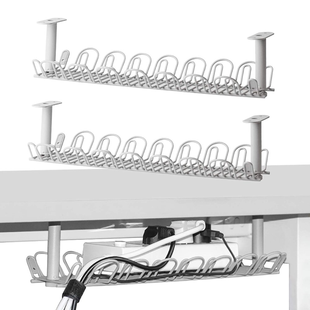 2 Packs Cable Management Tray, 14 inch Under Desk Cable Holder for Wire Organization, Heavy Metal Cord Organizer Ideal for Computer Home Office Standing Desks to Hide Power Strips (Gray)