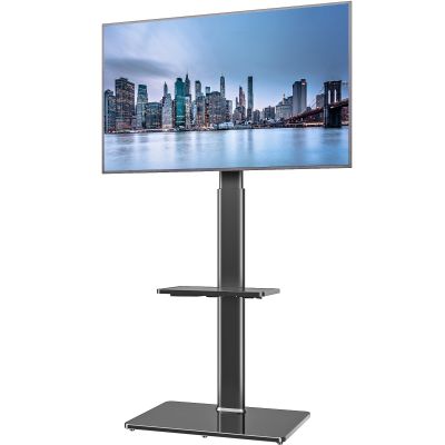 Universal Floor TV Stand with Mount for 19 to 43 inch Flat Screen TV, 100 Degree Swivel,Adjustable Height and Tilt Function, 2 Shelves Space Saving Standing TV Mount for Bedroom Living Room Corner