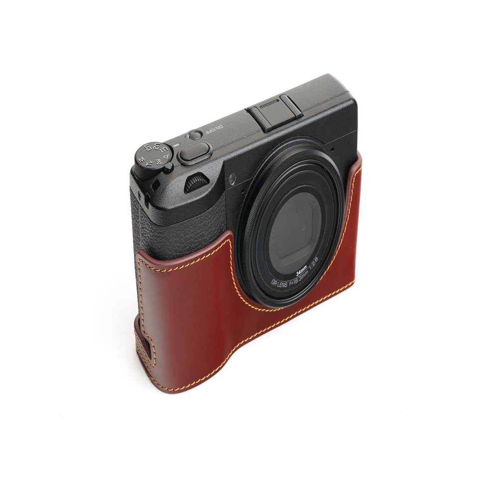 Handmade Genuine Real Leather Half Camera Case Bag Cover for Ricoh GR III GR3 Brown Color