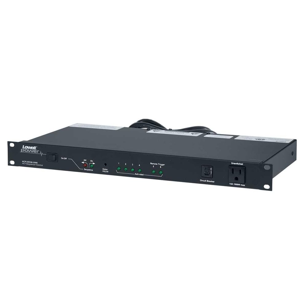 Lowell ACR-SEQ6-2009 PDU with 9 (15A) Outlets; 20A Rating, Sequencer, Remote Circuitry; Outlets: 9 Total 1 Front (15A) Un-Switched, 2 Rear(15A) Un-Switched, 6 Rear (15A) Switched