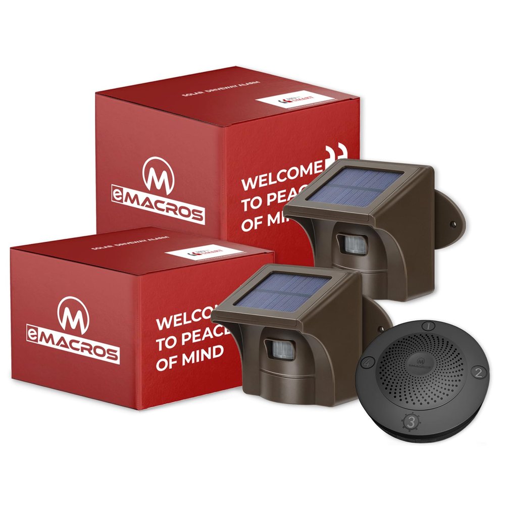 eMACROS Solar Wireless Driveway Alarm  1/2 Mile Long Range Motion Sensor for Long Driveways, Homes & Large Properties, Outdoor Weatherproof Security Alert System(1 Base Station with 2 Sensors)