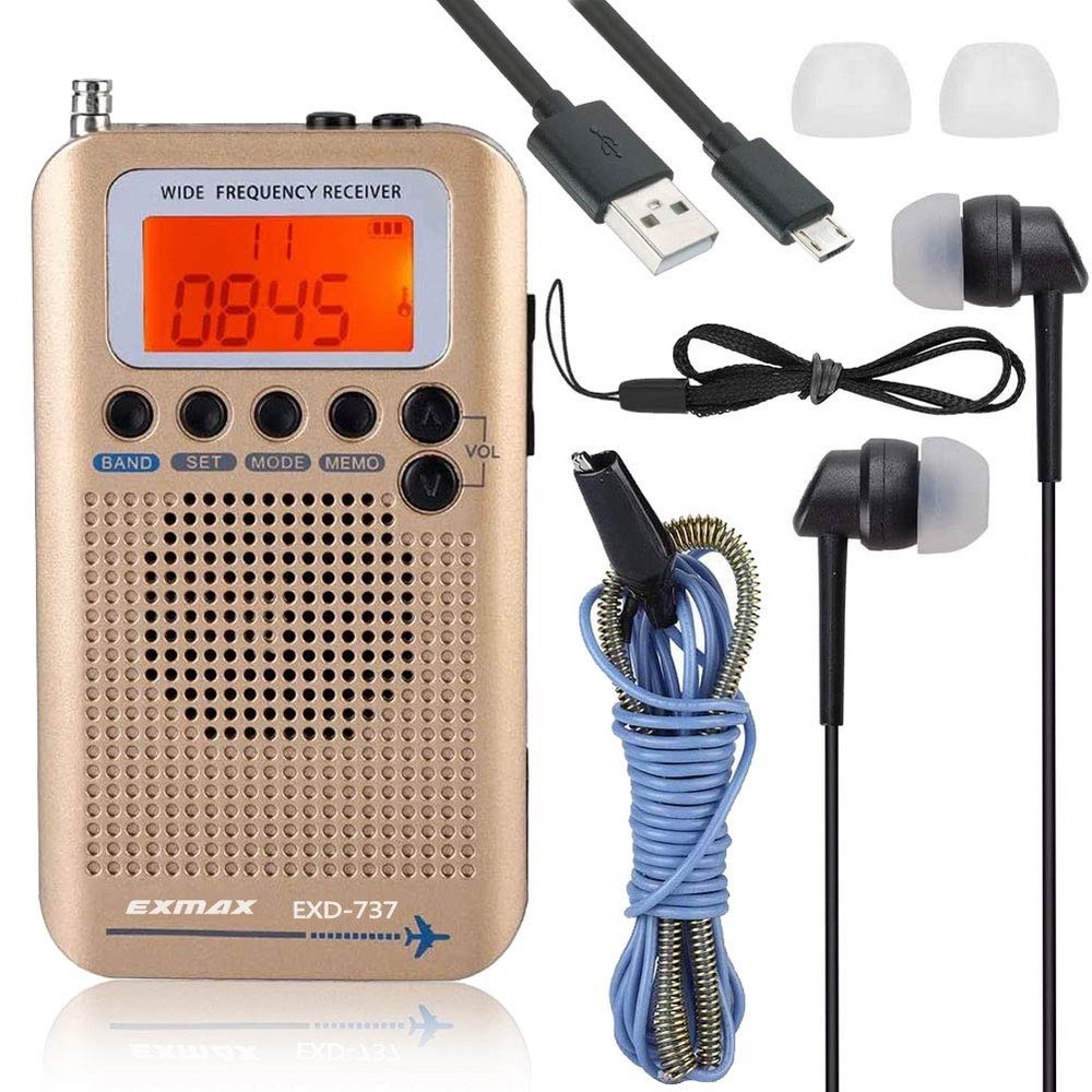 EXMAX EXD-737 Full Band Frequency Shortwave Radio Receiver Airband Portable Handheld Aircraft Digital Alarm Speaker Extend Antenna LCD Screen Orange Backlight Indoor & Outdoor Activities Home-Golden