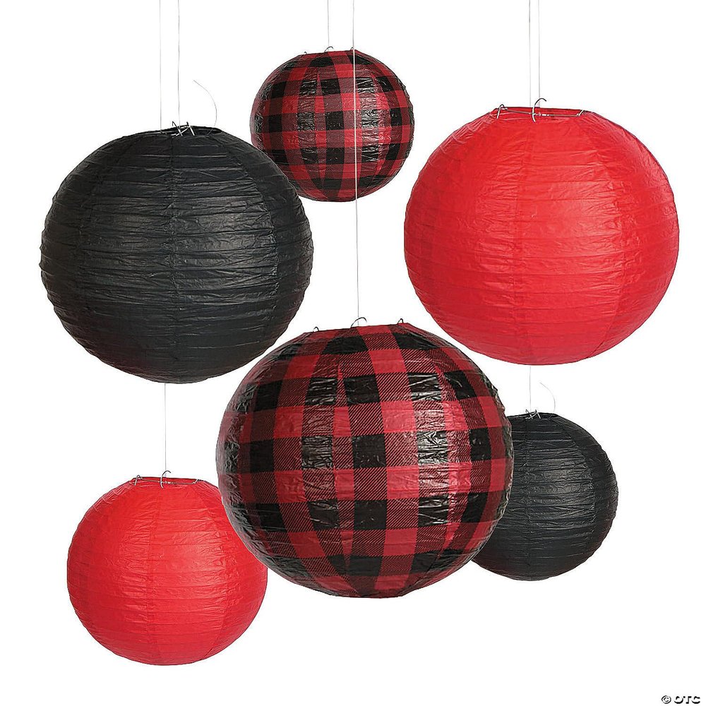 Fun Express Red Buffalo Plaid Hanging Paper Lanterns 8"-12", 6 Pieces