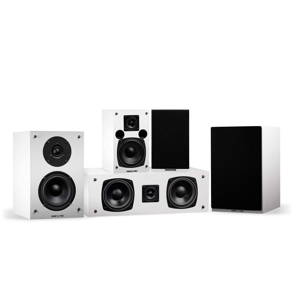 Fluance Elite High Definition Compact Surround Sound Home Theater 5.0 Channel Speaker System Including 2-Way Bookshelf, Center Channel and Rear Surround Speakers - White (SX50WHC)