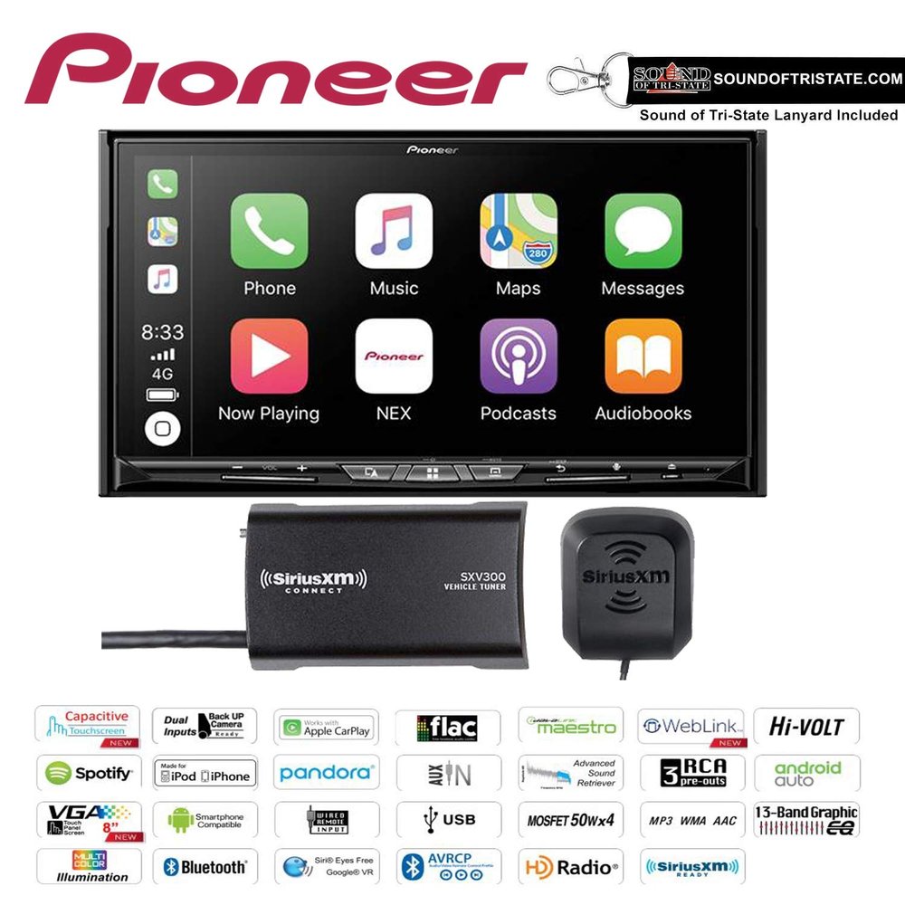 Pioneer AVIC-W8500NEX 6.94" DVD Navigation Receiver with Wireless Apple Carplay & Android Auto, Bluetooth with SiriusXM Tuner Bundle with Sound of Tri-State Lanyard