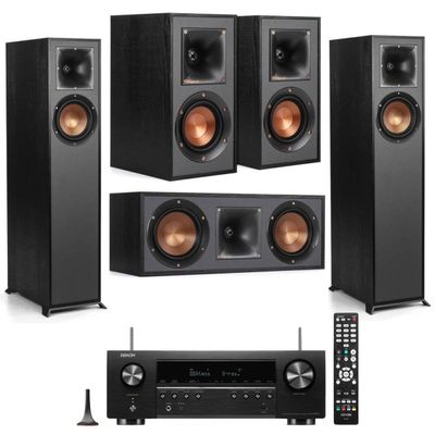 Klipsch 2 Pack R-610F Floorstanding Home Speaker - Bundle with -41M Bookshelf Speakers, 52C Center Channel Home Speaker, Denon AVR-S670H 75W 5.- 8K Network AV Receiver