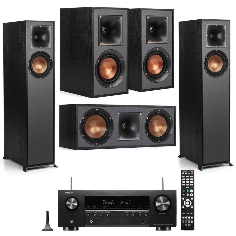 Klipsch 2 Pack R-610F Floorstanding Home Speaker - Bundle with -41M Bookshelf Speakers, 52C Center Channel Home Speaker, Denon AVR-S670H 75W 5.- 8K Network AV Receiver