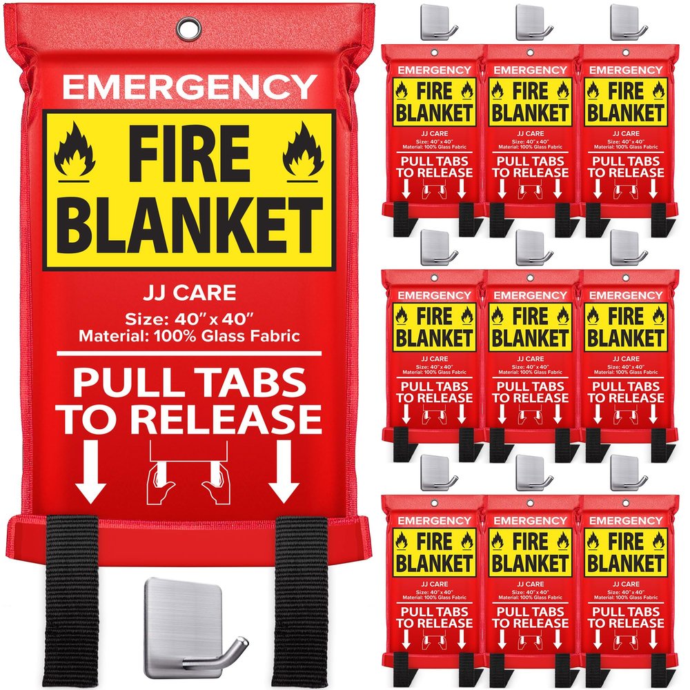 JJ CARE Fire Blanket 10 Pack with Hooks, 40" x 40" Flame Retardant Emergency Safety Cover for Home, Kitchen, Grill, Car, Office, Camping, High Heat Resistant