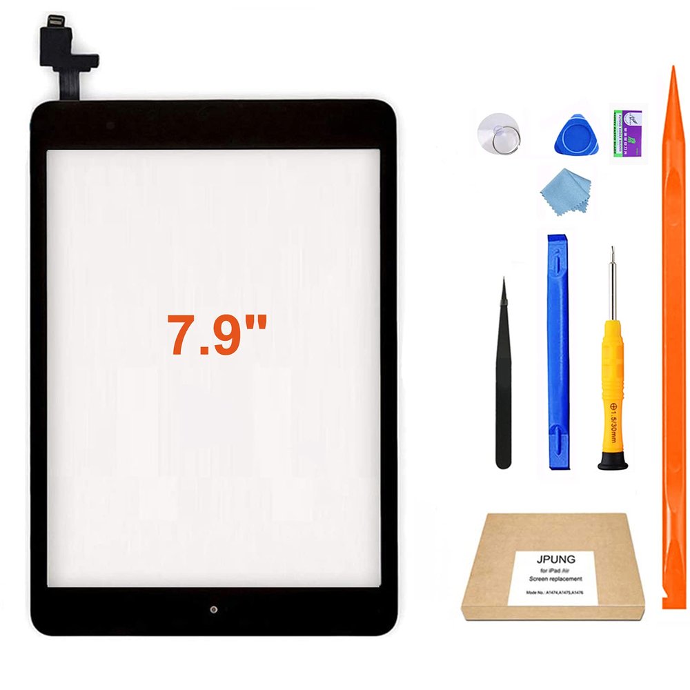JPUNG PUNG for iPad Mini 1/iPad Mini 2 Screen Replacement,A1432 A1454 A1455 A1489 A1490, Touchscreen Digitizer (Black), with Home Button, Full Repair Kit