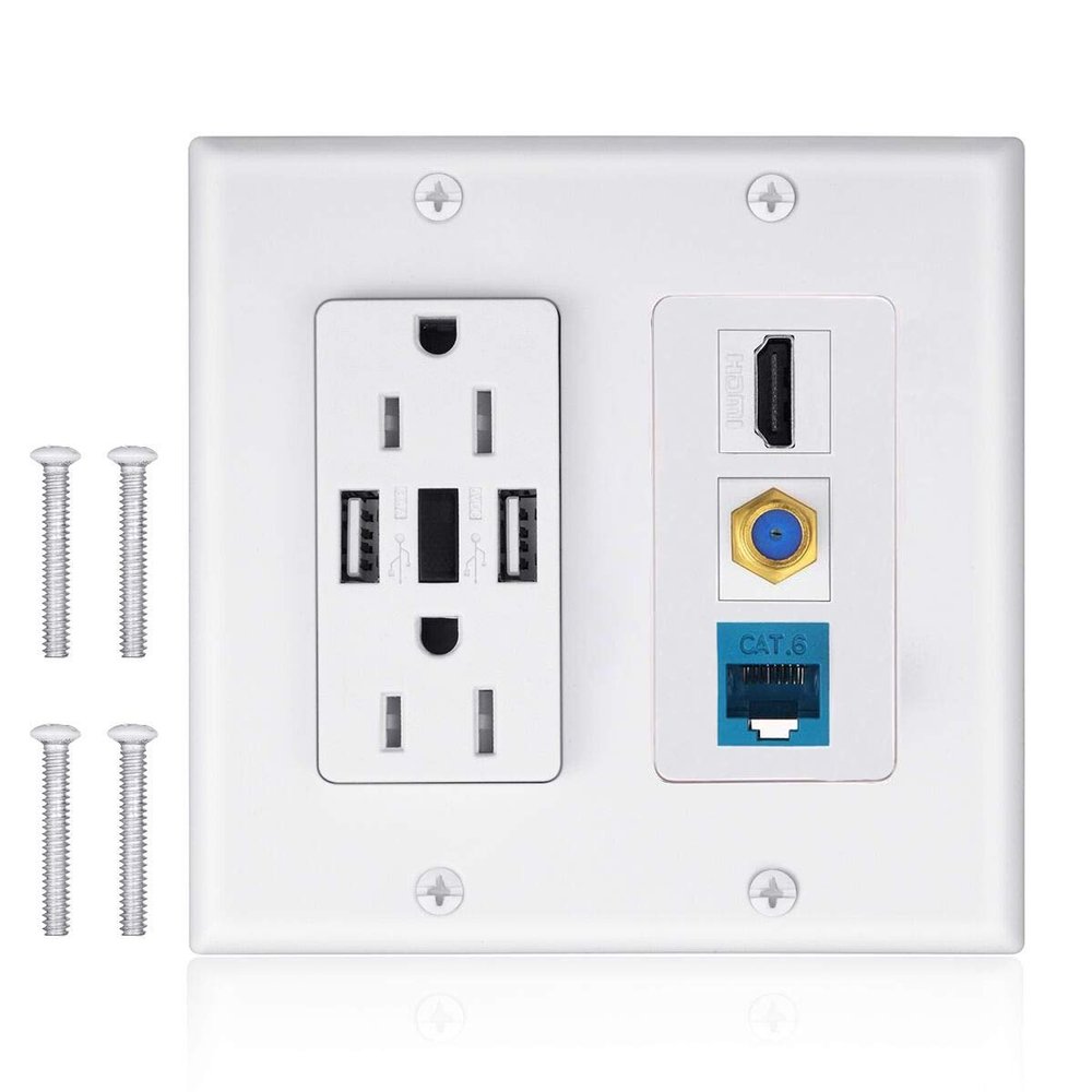 2 Power Outlet 15A with Dual 3.6A USB Charger Port Wall Plate with LED Lighting, IQIAN 1 HDMI HDTV + 1 CAT6 RJ45 Ethernet + Coaxial Cable TV F Type Keystone Face Plate White 