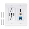 2 Power Outlet 15A with Dual 3.6A USB Charger Port Wall Plate with LED Lighting, IQIAN 1 HDMI HDTV + 1 CAT6 RJ45 Ethernet + Coaxial Cable TV F Type Keystone Face Plate White  view 1