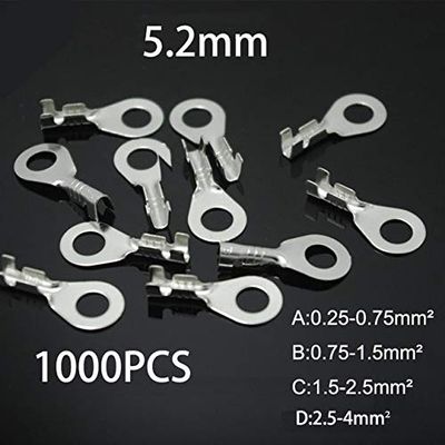 Davitu 500pcs/1000pcs 5.2 round lug cold pressing terminals M5 terminal For 0.25-4mm2 Wire connector terminal - (Color: Silver Color 1000Pcs, Pins: B 0.75-1.5mm2)