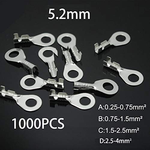 Davitu 500pcs/1000pcs 5.2 round lug cold pressing terminals M5 terminal For 0.25-4mm2 Wire connector terminal - (Color: Silver Color 1000Pcs, Pins: B 0.75-1.5mm2)