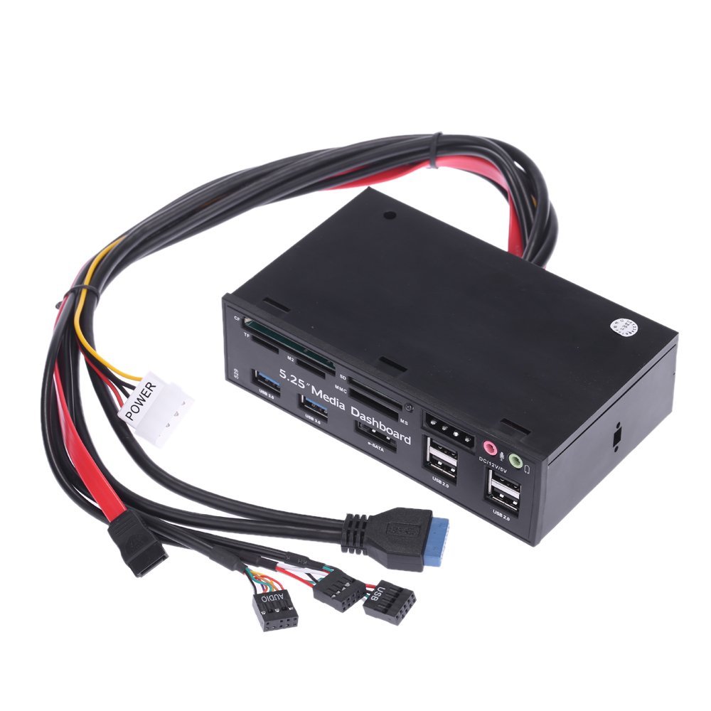 5.25" All-in-One Media Dashboard Multi-Function Front Panel Card Reader USB 2.0 and USB 3.0 ESATA Black Color