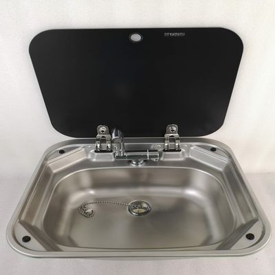 GR-586 Boat RV Caravan Camper Rectangular Stainless Steel Hand Wash Basin Kitchen Sink with Toughened Glass Lid (Sink and Faucet)