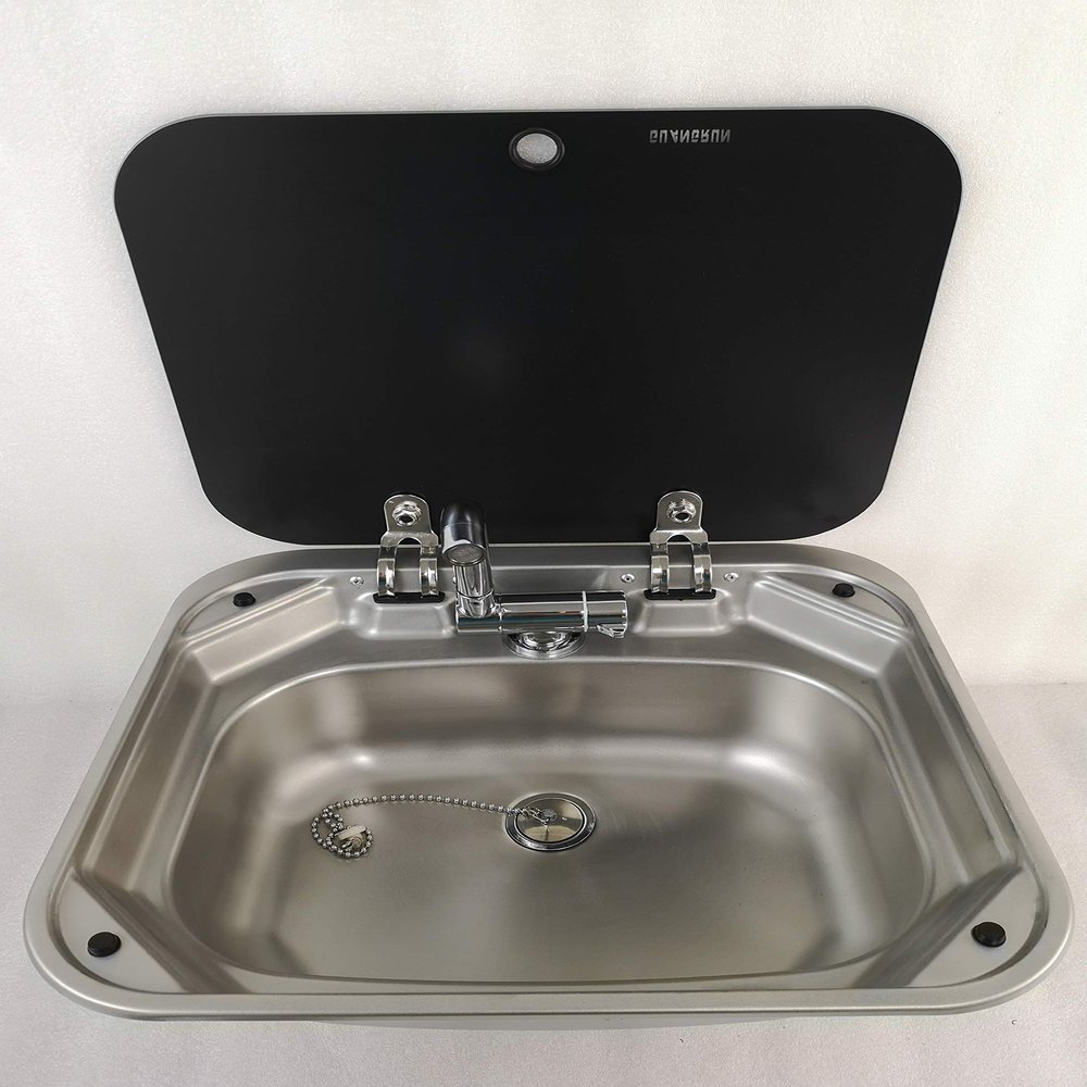 GR-586 Boat RV Caravan Camper Rectangular Stainless Steel Hand Wash Basin Kitchen Sink with Toughened Glass Lid (Sink and Faucet)