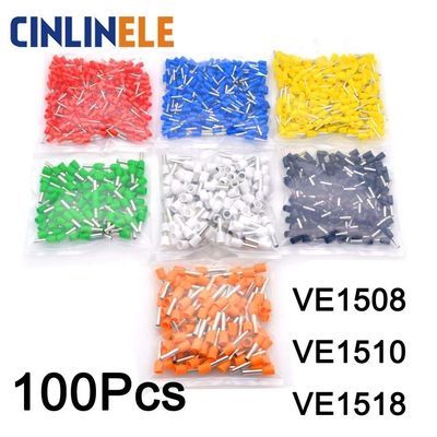 Onvas 100Pcs/Lot Crimp Terminal VE1508 VE1510 VE1518 Tube Pre Insulating Terminal Bootlace Brass 1.5mm 16 AWG - (Color: VE1510, Pins: 1000 Pieces)