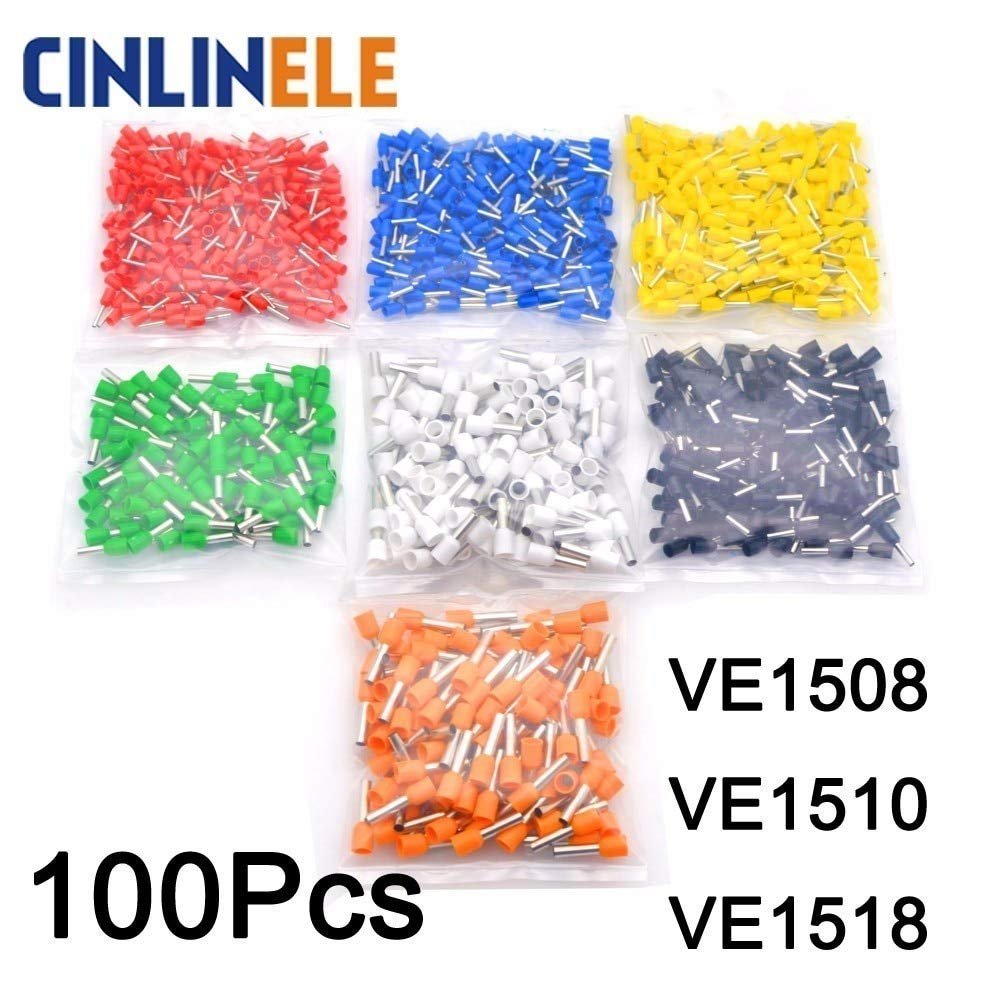 Onvas 100Pcs/Lot Crimp Terminal VE1508 VE1510 VE1518 Tube Pre Insulating Terminal Bootlace Brass 1.5mm 16 AWG - (Color: VE1510, Pins: 1000 Pieces)