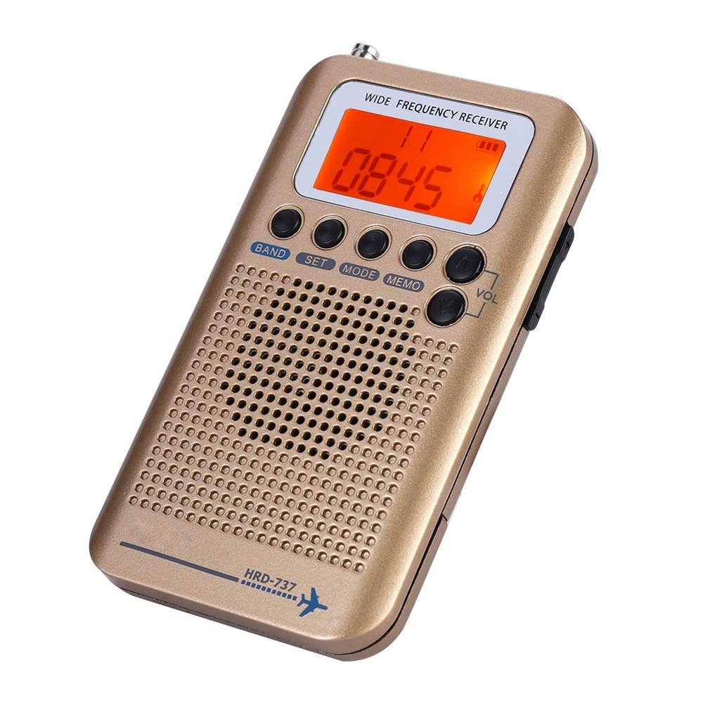 Portable Aircraft Band Radio Receiver Scanner, Full Band, Digital LCD Display, Retractable Antenna, 4 Search Modes, Gold