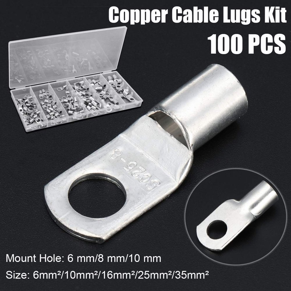 Davitu 100 Pcs Copper Cable Lugs Kit SC6-6 ~SC35-10 Electrical Terminal Block Wire Connectors