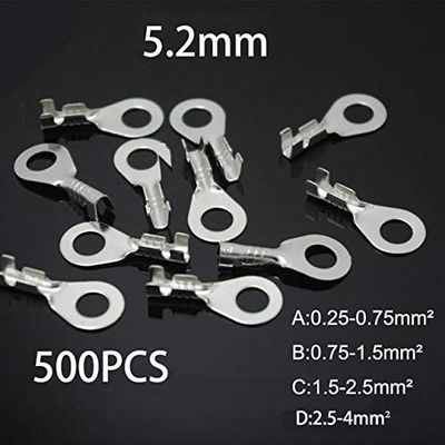 Davitu 500pcs/1000pcs 5.2 round lug cold pressing terminals M5 terminal For 0.25-4mm2 Wire connector terminal - (Color: Silver color 500Pcs, Pins: B 0.75-1.5mm2)