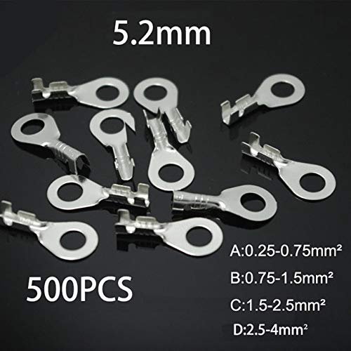 Davitu 500pcs/1000pcs 5.2 round lug cold pressing terminals M5 terminal For 0.25-4mm2 Wire connector terminal - (Color: Silver color 500Pcs, Pins: B 0.75-1.5mm2)