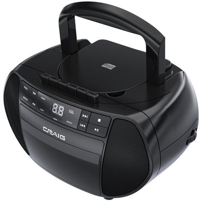 Craig Portable Top-Loading CD Boombox with AM/FM Stereo Radio and Cassette Player/Recorder in Black | Cassette Player/Recorder | LED Display (Black)