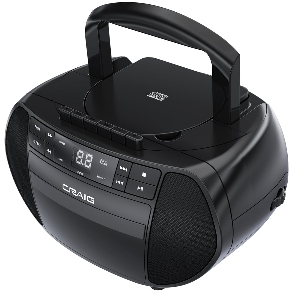 Craig Portable Top-Loading CD Boombox with AM/FM Stereo Radio and Cassette Player/Recorder in Black | Cassette Player/Recorder | LED Display (Black)