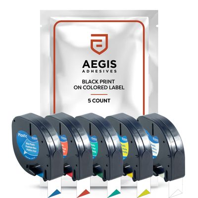 Aegis Adhesives - 5-Pack (5 Color) Label Tape Replacement for DYMO LetraTag Refills | 1/2" x 13' 12mm x 4m Black Print on Plastic Label Tape | Compatible with DYMO LetraTag LT-100H Plus Printer